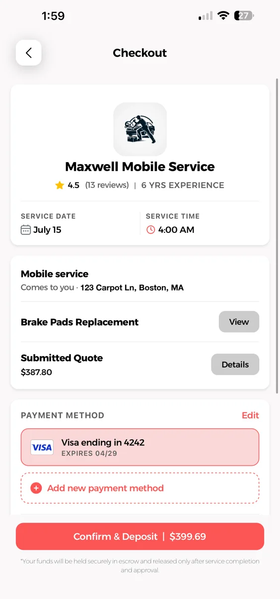 The CarPot checkout screen: shop rating and experience, service date, the submitted quote, and a note that funds are held in escrow until the work is approved.