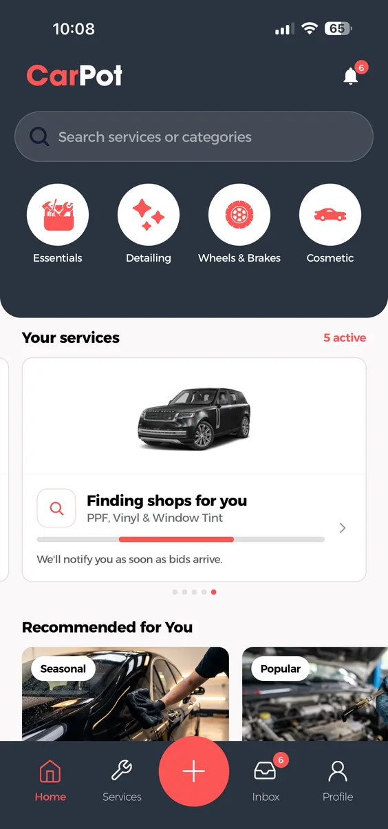 The CarPot app home screen: search services, browse categories, and track your active requests.